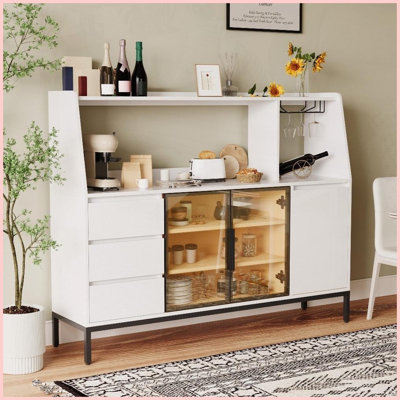 Table basse multifonctionnelle avec 3 tiroirs Porte en verre - grande capacité pour le vin, les verres et Décoration