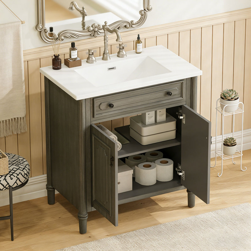 Meuble-lavabo de salle de bain rétro avec lavabo en céramique, armoire de rangement Vintage, Gris antique
