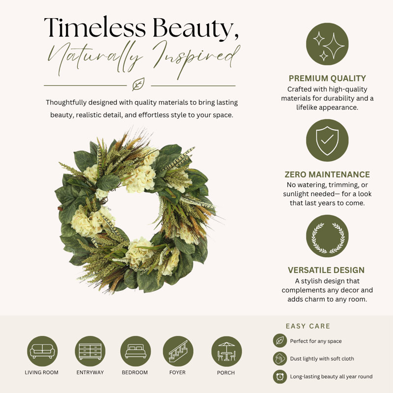 29" Wheat and Hydrangea Magnolia Wreath