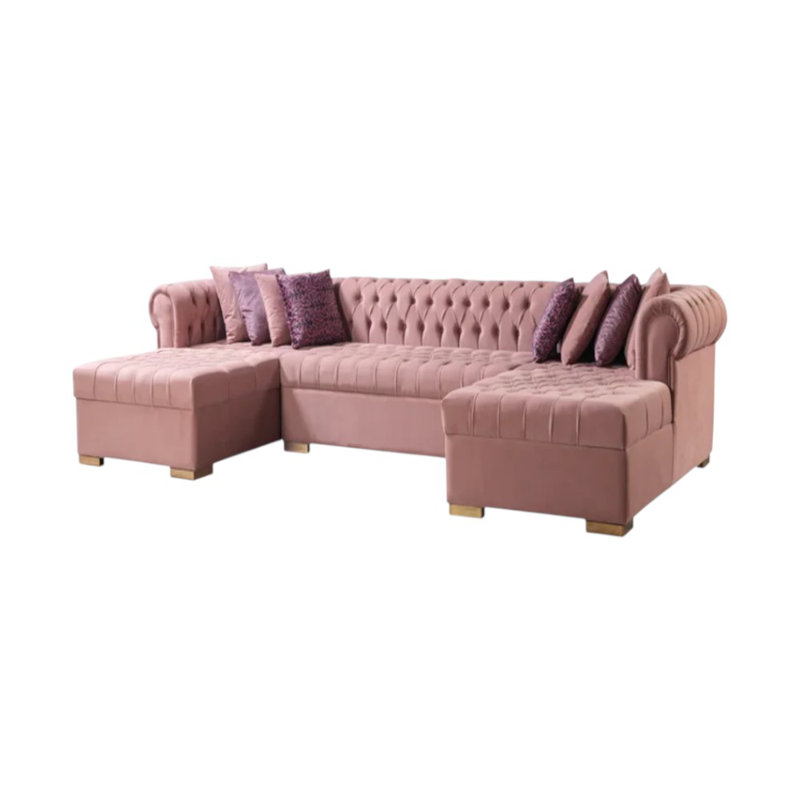 Canapé modulaire et méridienne en velours rose trois pièces avec coussins décoratifs en U