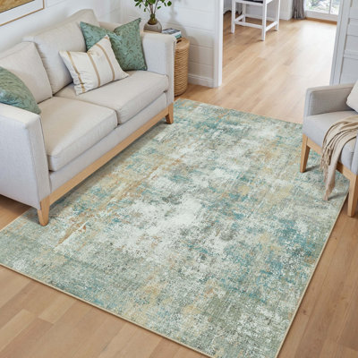 Modern Abstract Washable Rug In Blue/Gold