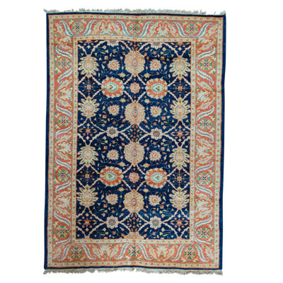 Tapis bleu / corail en laine noué à la main 7 pi 2 po x 10 pi 3 po Oriental
