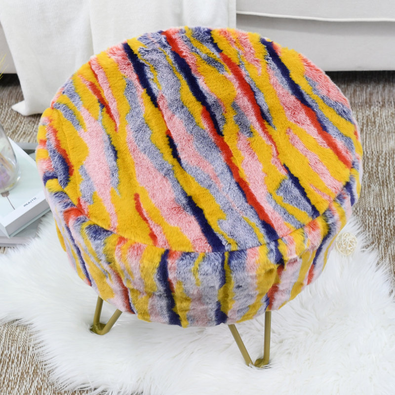 Multi Jacquard Round Faux Fur Ottoman, Orange Faux Fur
