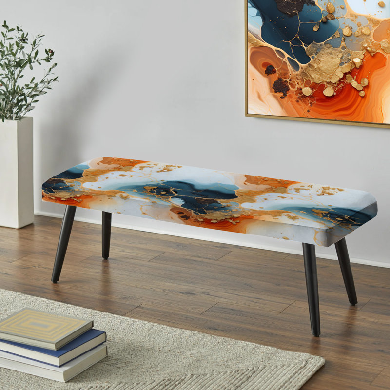 Teal And Gold Marble Elegance - Marble Upholstered Black Bench
