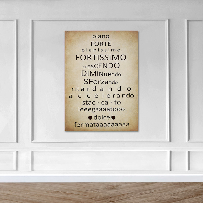 Piano, mots de passe - art textuel sur toile tendue, H 20 po x l 16 po x P 2 po