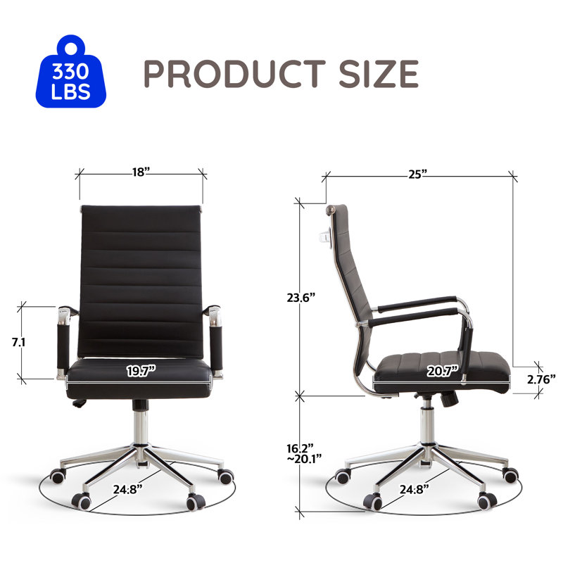 Fauteuil de bureau ergonomique pivotant avec dossier en cuir côtelé, Chrome chrome, Noir