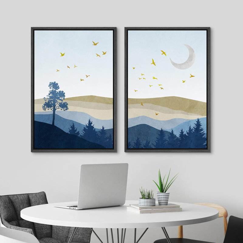 "Oiseaux dorés et dégradé bleu et jaune Moutanin paysage mural photos bureau rustique moderne" 2 - pièces sur, Noir