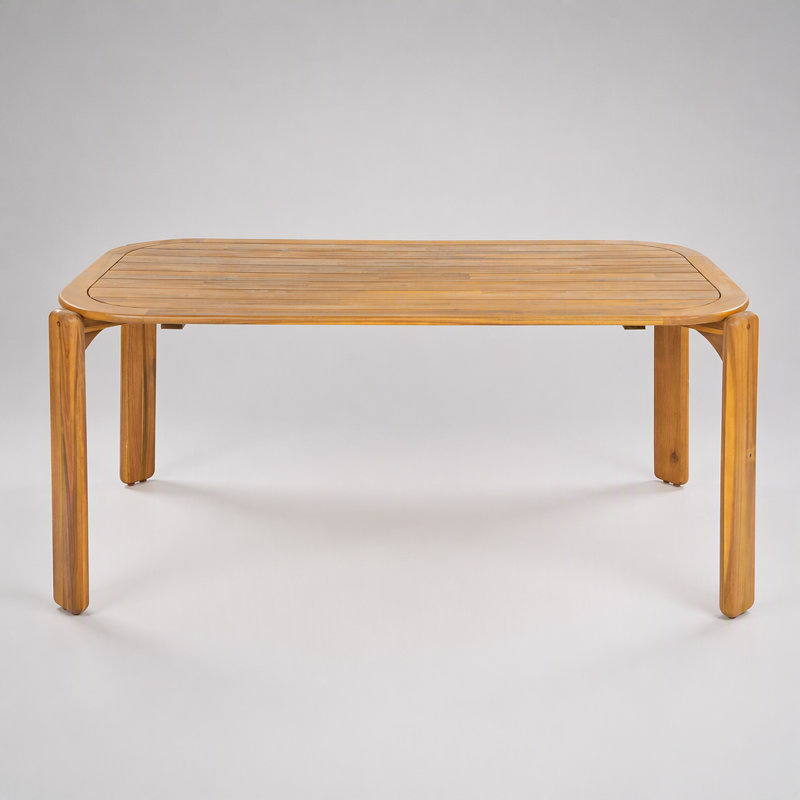 Table de salle à manger d'extérieur Kaja en bois d'acacia, finition teck, avec un design à lattes pour un mobilier de patio durable et élégant.