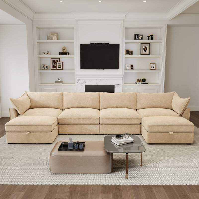 U Shape Deep Seat Sofa Couch With Ottomans,Chenille, Gray, 31.4" H x 146.4" W x 56.6" D, 4
