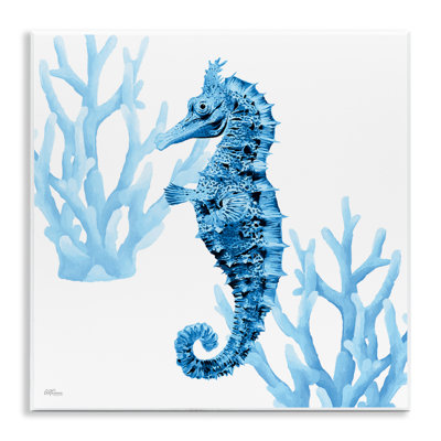 Plaque murale hippocampe et corail aux tons bleus, design par Cat Thurman Designs