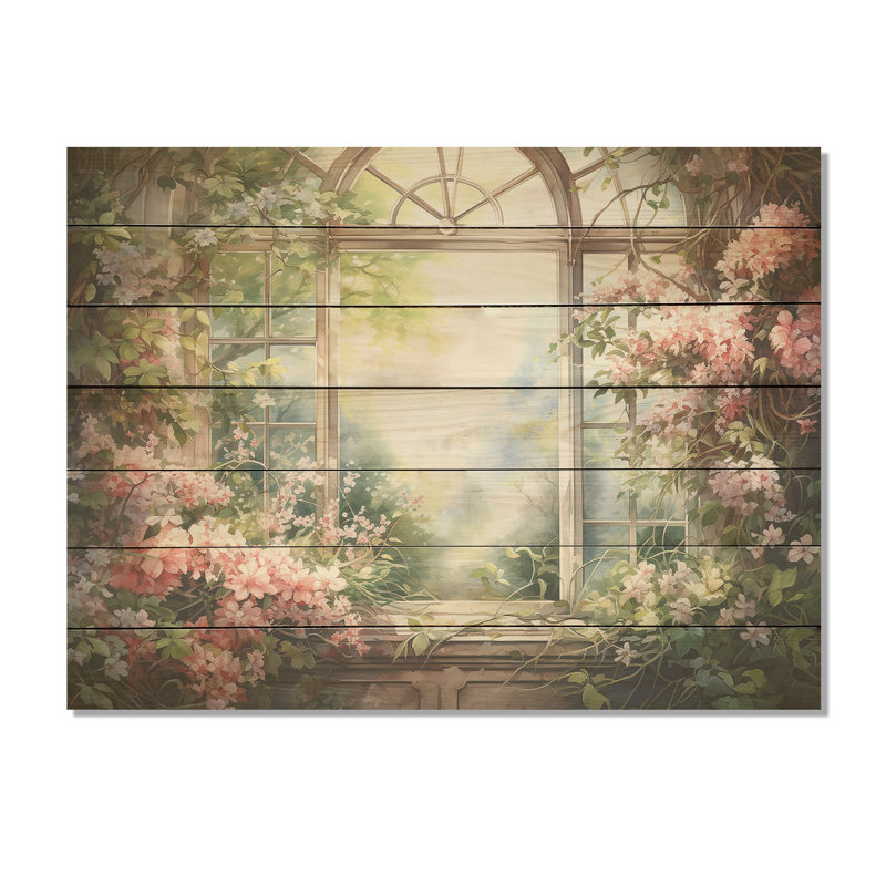 Pink Blossoming Country Window Gaze II - Floral Window On Wood Print, 10" H x 20" W x 0.78" D