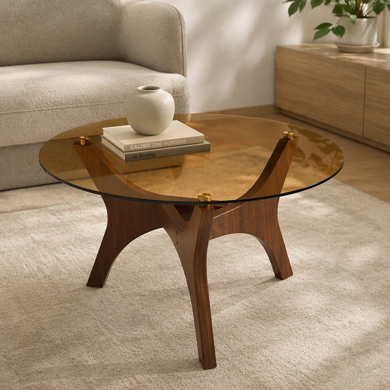 Table basse de 31,5 po en verre, de style Mid-Century moderne, idéale comme pièce maîtresse pour les salons, les chambres à coucher, les espaces de réception et les bureaux (noyer)