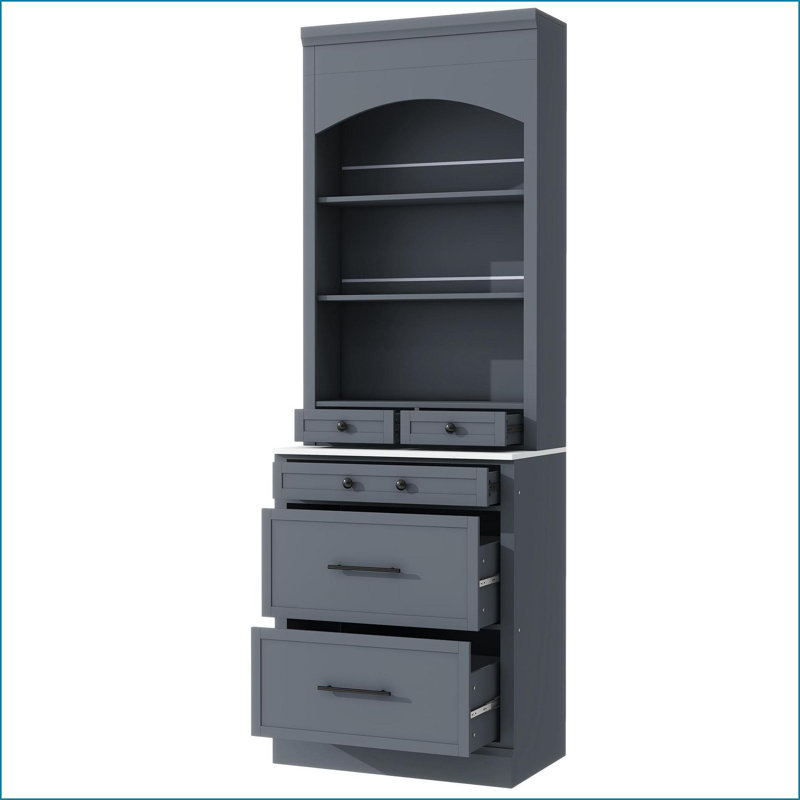 Garde-manger moderne de 83,7 po de hauteur avec 5 tiroirs, plateau en faux marbre, gris | Panneau de fibres à densité moyenne P2 | Tablettes réglables
