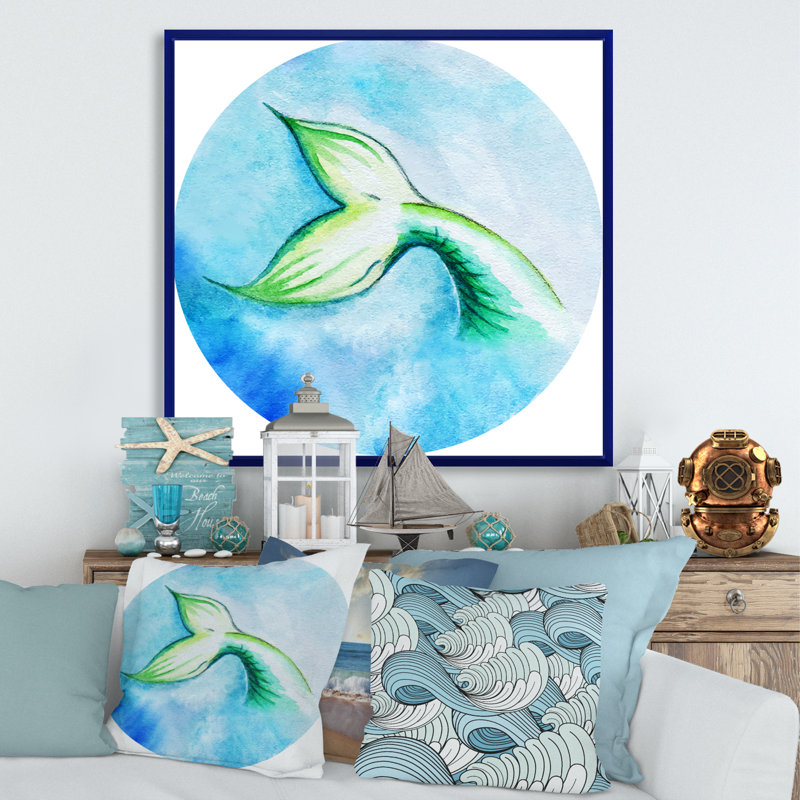 «Mermaid Fish Tail», peinture sur toile, H 36 po x l 36 po x 1,5 po, Cadre flottant doré