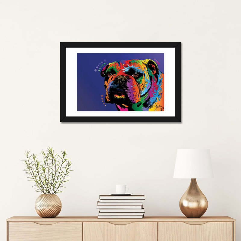 Rainbow Bulldog, impression sur toile tendue, H 16 po x l 24 po x P 1 po, Papier d'art encadré noir, Blanc