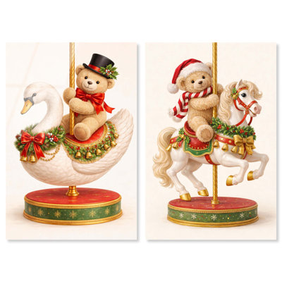 Ensemble de 2 décorations murales pour chambre d'enfant « Oursons en peluche sur le carrousel des fêtes » (impression acrylique), par Art Remedy, prêt à accrocher, 30 x 45 cm.
