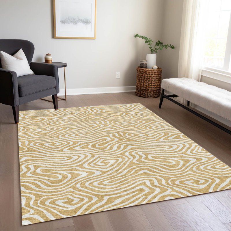Gold and White Flat Woven Synthetic Rectangular Rug
