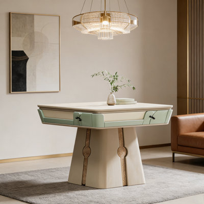 High-end solid wood square automatic mahjong table combination set in off-white and light mint green (for Chinese rules)