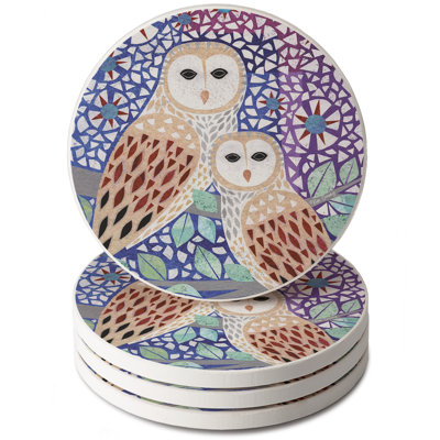 Owl Collage 4 Pack Round Absorbent Stone Coasters