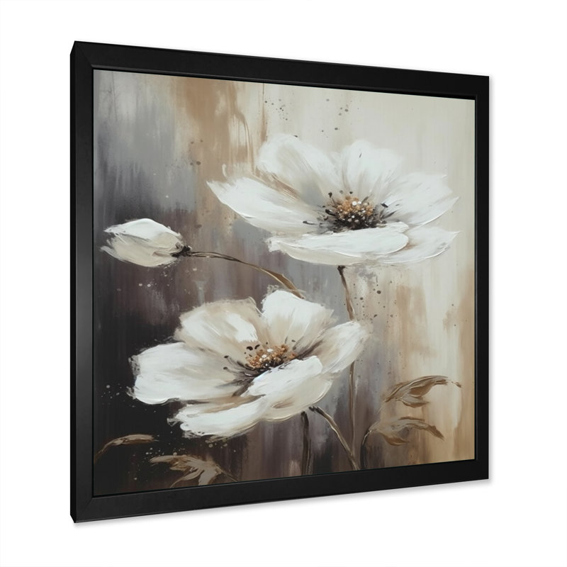 Hibiscus blanc et brun II - impression, Cadre photo noir, H 16 po x l 16 po x P 1 po