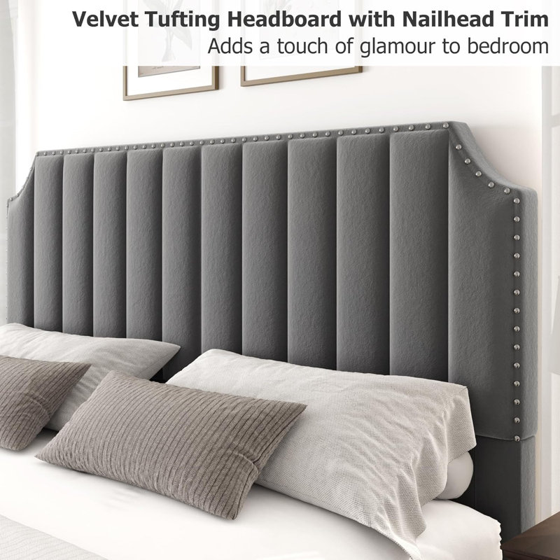 King/Queen Size Platform Bed Frame, Upholstered Bed Frame with Vertical Channel Tufted Headboard & Footboard, Gray, King