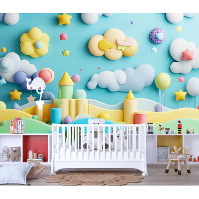 Whimsical Cartoon Village Mural – Cloud And Star Wallpaper For Daycare, Play Area Or Toddler Room - Peel And Stick