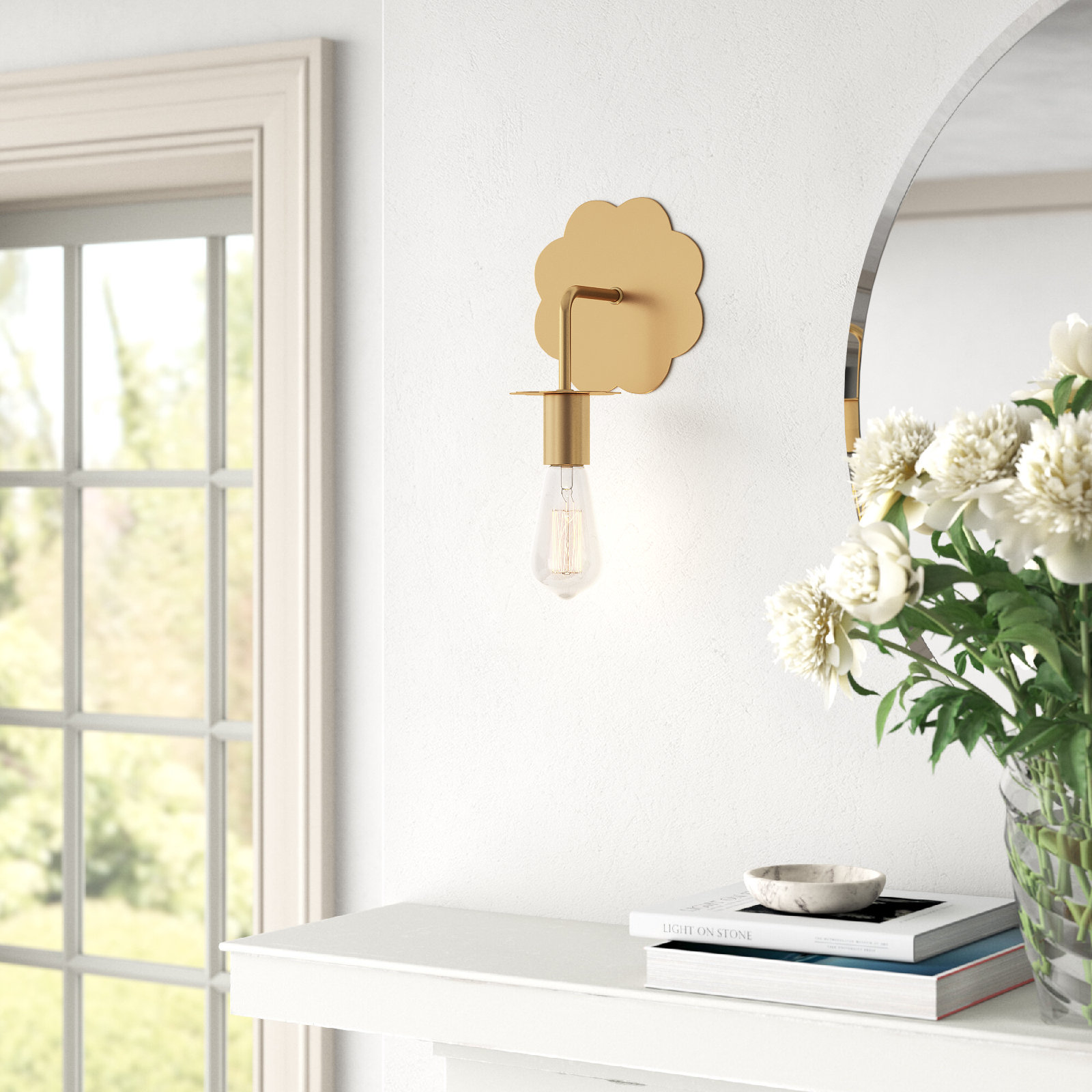 Single Light Dimmable Armed Sconce, Natural Brass