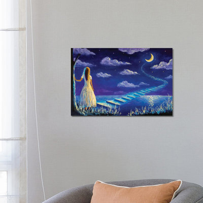 Princess Climbs Magic Steps To Moon In Night Seascape by Valery Rybakow - Wrapped Canvas Painting