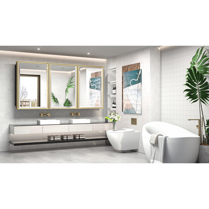 Chouchanik Recessed and Surface Framed 3 Door Medicine Cabinet with Mirror and Shelves, 30" H x 60" W x 5.2" D, Gold