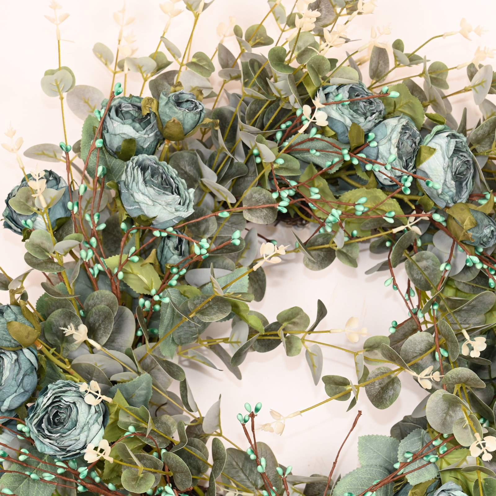 26" Handcrafted Eucalyptus Rose Everyday Wreath, Blue