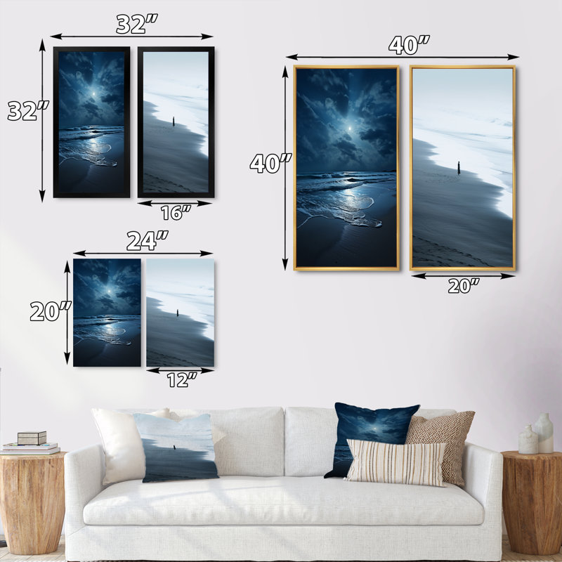 «Beach Photo Serene Moonlight», 2 pièces sur toile, Toile tendue, H 20 po x l 24 po