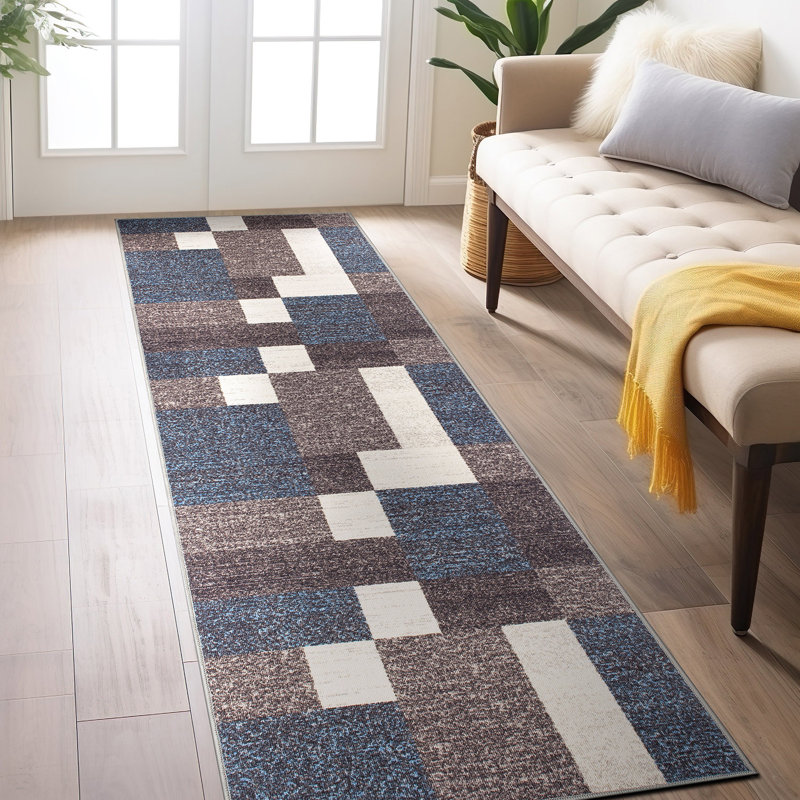 Tapis bleu touffeté à motif géométrique Allyne, Tapis de couloir 2 pi 7 po x 8 pi