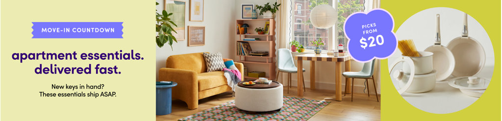 Apartment banner with text "apartment essentials. delivered fast." next to a colorful living room and cream cookware.