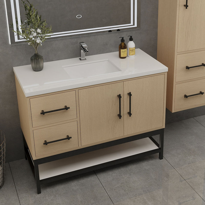 Victoria 42'' Left Drawer Wall-Mounted Vanity with Reinforced Acrylic Sink & Rack, Yellow Oak
