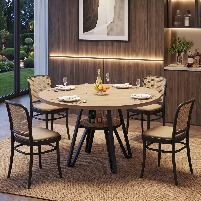 47.2" W Round Dining Table For 4-6, Kitchen Table With Rattan Storage Shelf, Natural Wood
