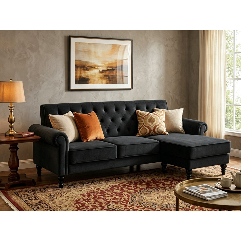 Petoskey 3 Seater Velvet Sofa & Chaise, Black