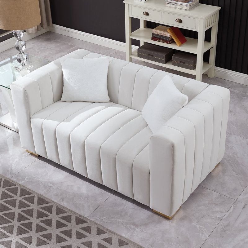 Clifford 62.6'' Velvet Square Arm Loveseat with 2 Pillows, Modern Channel-Tufted Couch for Living Room, White, Gold, White