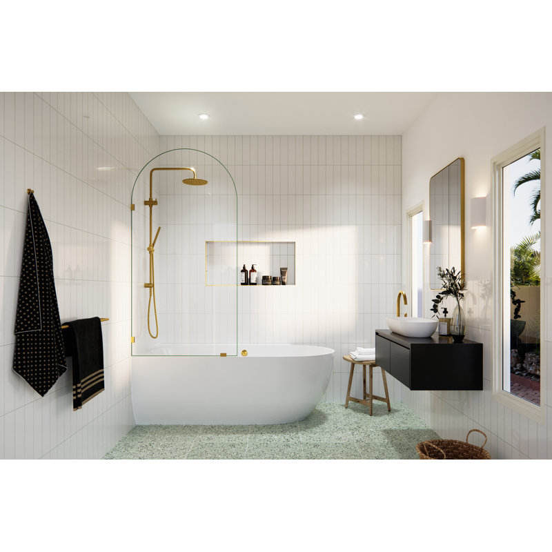 Venus 34 in. x 66.75 in. Frameless Arched Single Fixed Bath Panel, Satin Brass
