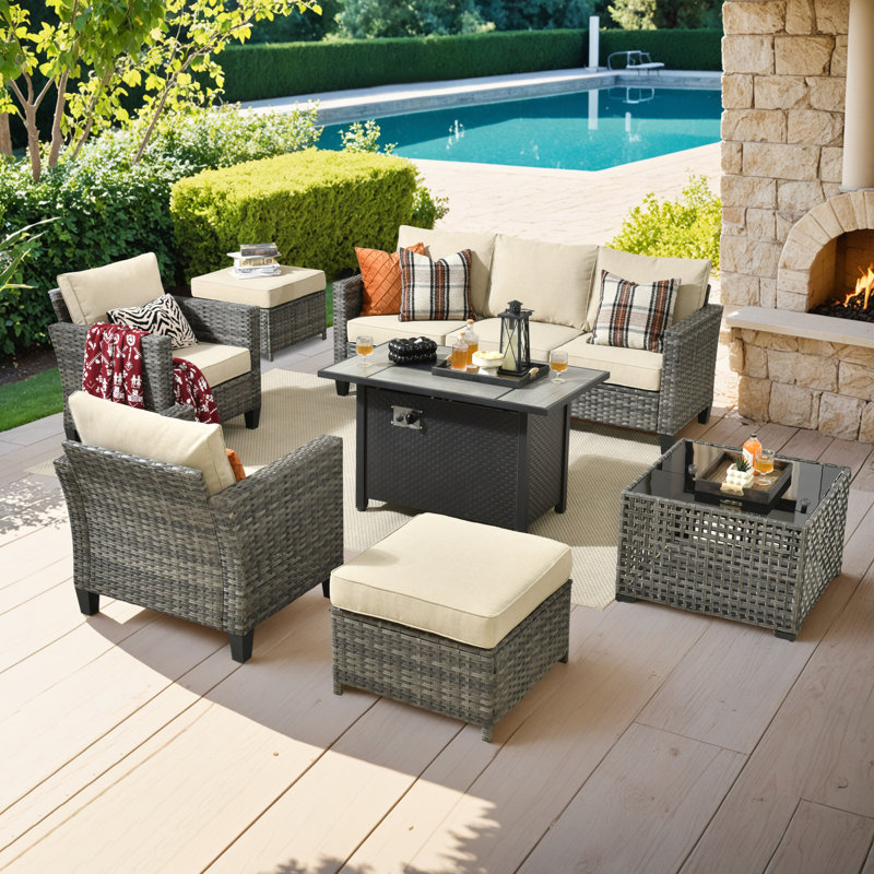 7-Person Outdoor Rattan Tent Reception Furniture Sofa Chair Set, Coffee Table With Light And 2-In-1 Stove Table, Beige