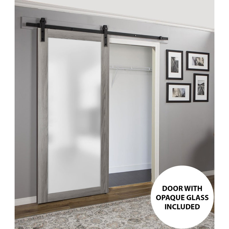 Porte de grange robuste en verre trempé dépoli Planum 2102 Ginger Ash 6,6 pi, rails noirs, quincaillerie robuste, portes intérieures modernes à panneaux pleins - 32 po x 80 po - Rail noir