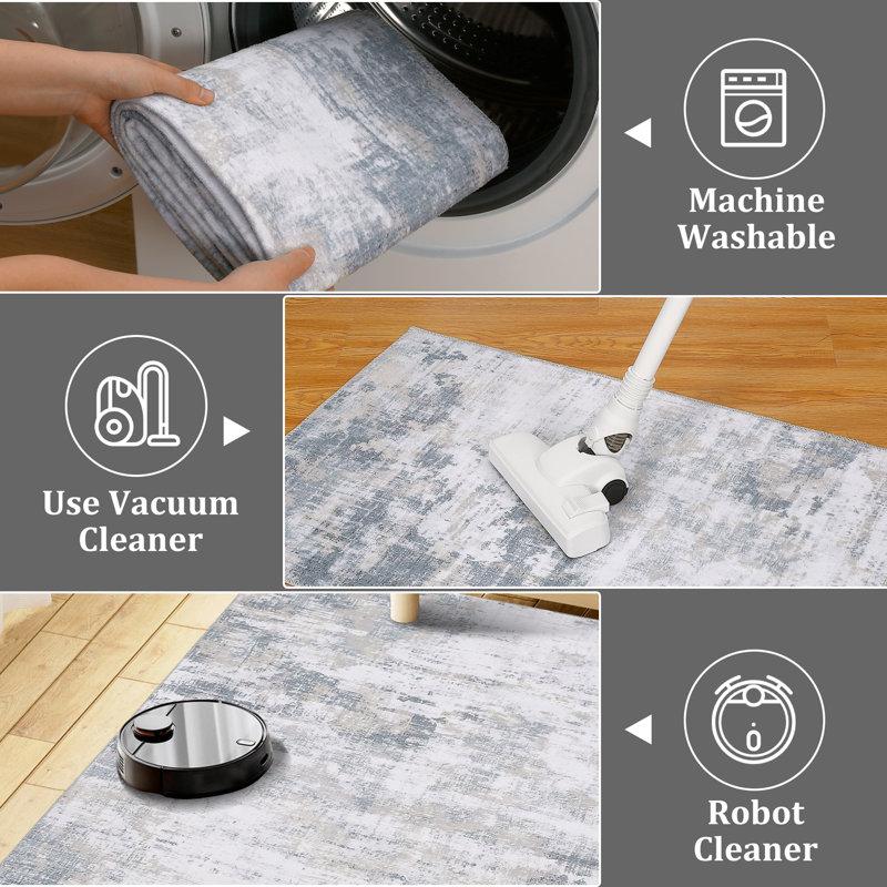 Tapis bleu / beige en polyester tissé à la machine Taquana, Rectangle 4 pi x 6 pi