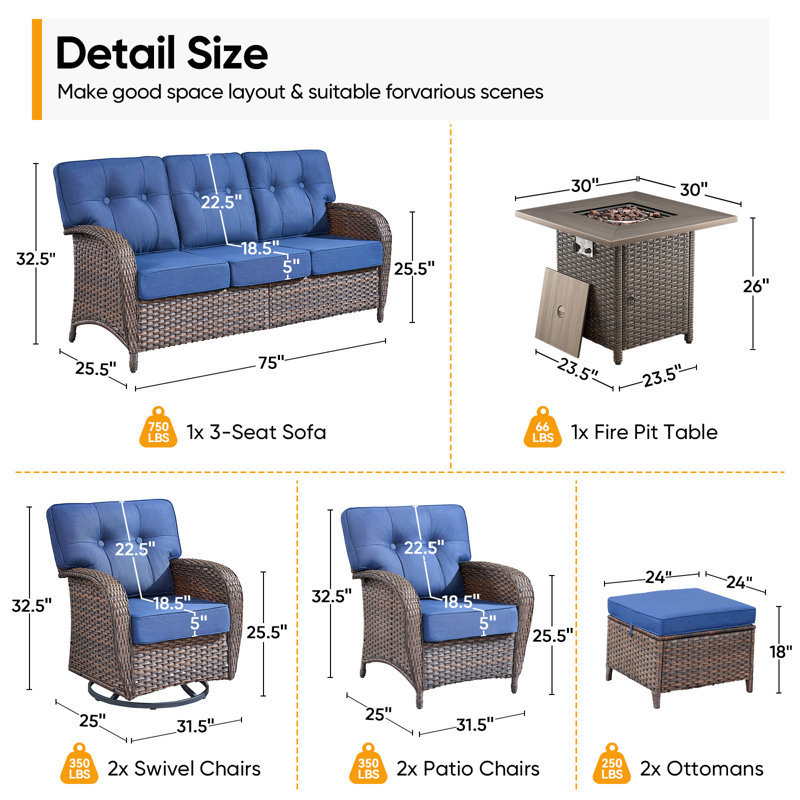Teebeck 8-Piece Wicker Rattan Patio Conversation Set With Square Fire Pit Table And Swivel Chairs, Blue
