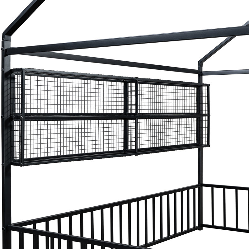 Structure de lit noire en métal de style maison avec tablettes. Pleine grandeur pour une chambre à coucher confortable. L 77,6 po x l 55,6 po x H 66,9 po et lit maison stable, noir