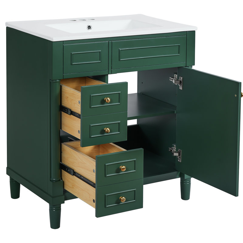 Armoire de meuble-lavabo de salle de bain autoportante de 30 pouces avec lavabo, 2 tiroirs, porte, conception pratique, rails de tiroir lisses, cuve à teinture, fonctionnement et construction silencieux, surface facile, convient au robinet