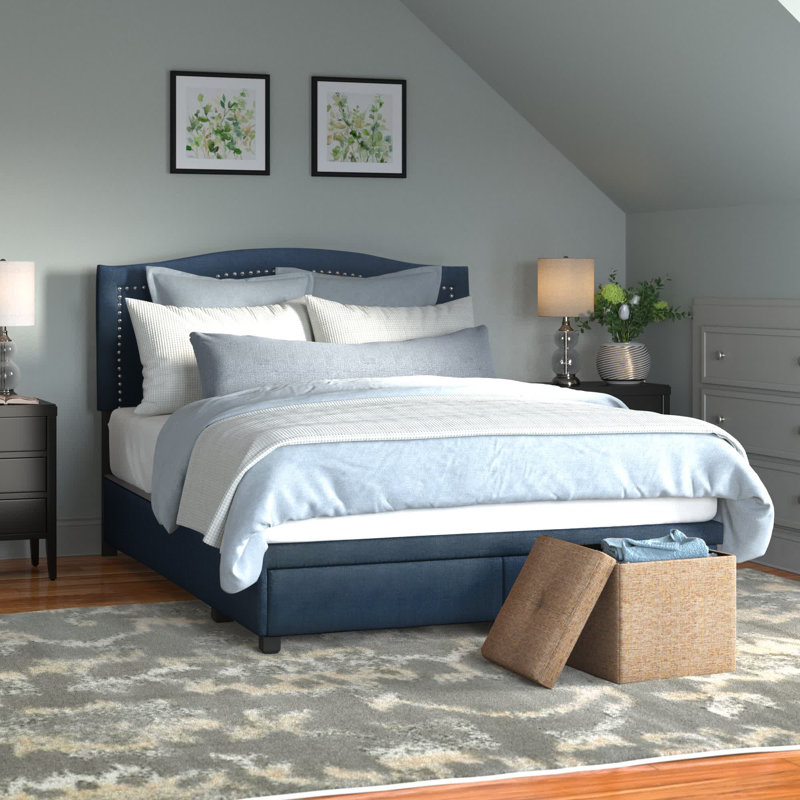 Lit plateforme tapissier avec rangement Parkville, Bleu, Très grand