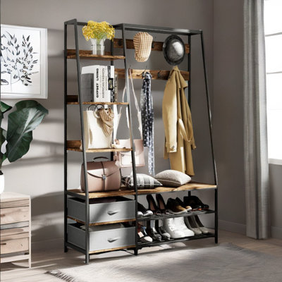 9 - Hook Coat Rack Hall Tree Stand With Shoe Storage Industrial Hallway Bedroom Furniture