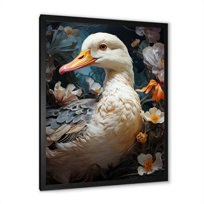 «White Duck Feathered Floral Elegance», art mural animal canard