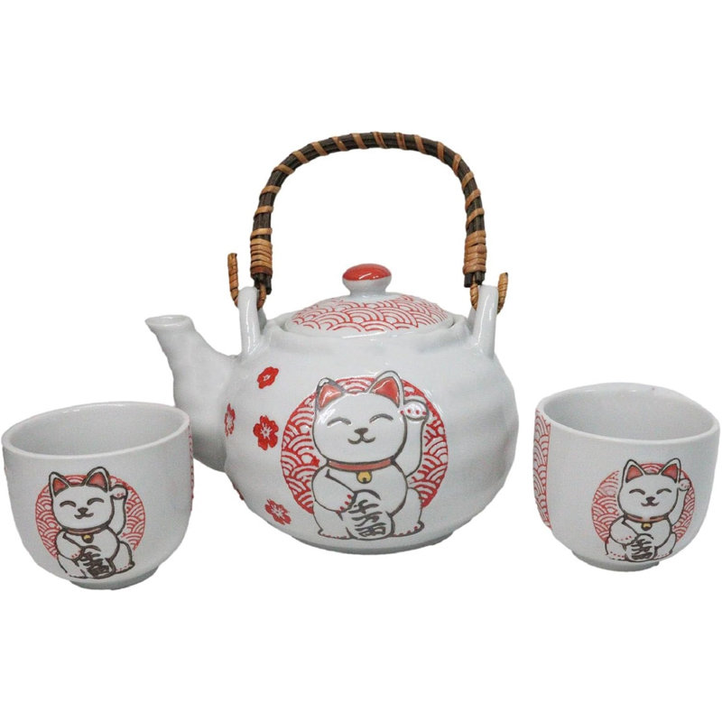 White Red Maneki Neko Lucky Cat Ceramic Tea Pot And 2 Cups Set Bamboo Handle