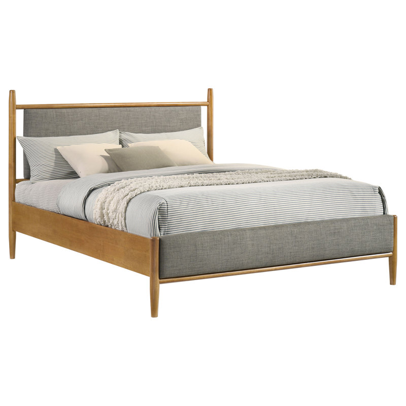 Mason Queen Platform Bed with Padded Upholstered Headboard and Slat Support, Grey and Light Brown, Queen