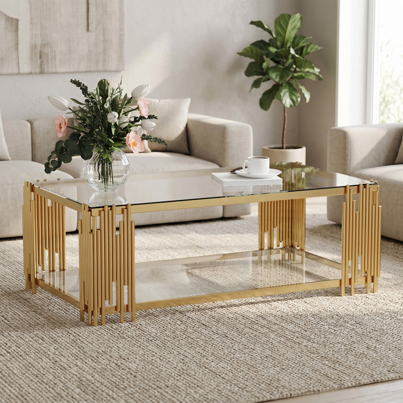 Table basse de salon rectangulaire à 2 niveaux en verre trempé L 51 po x l 27,5 po Vaili, Transparent